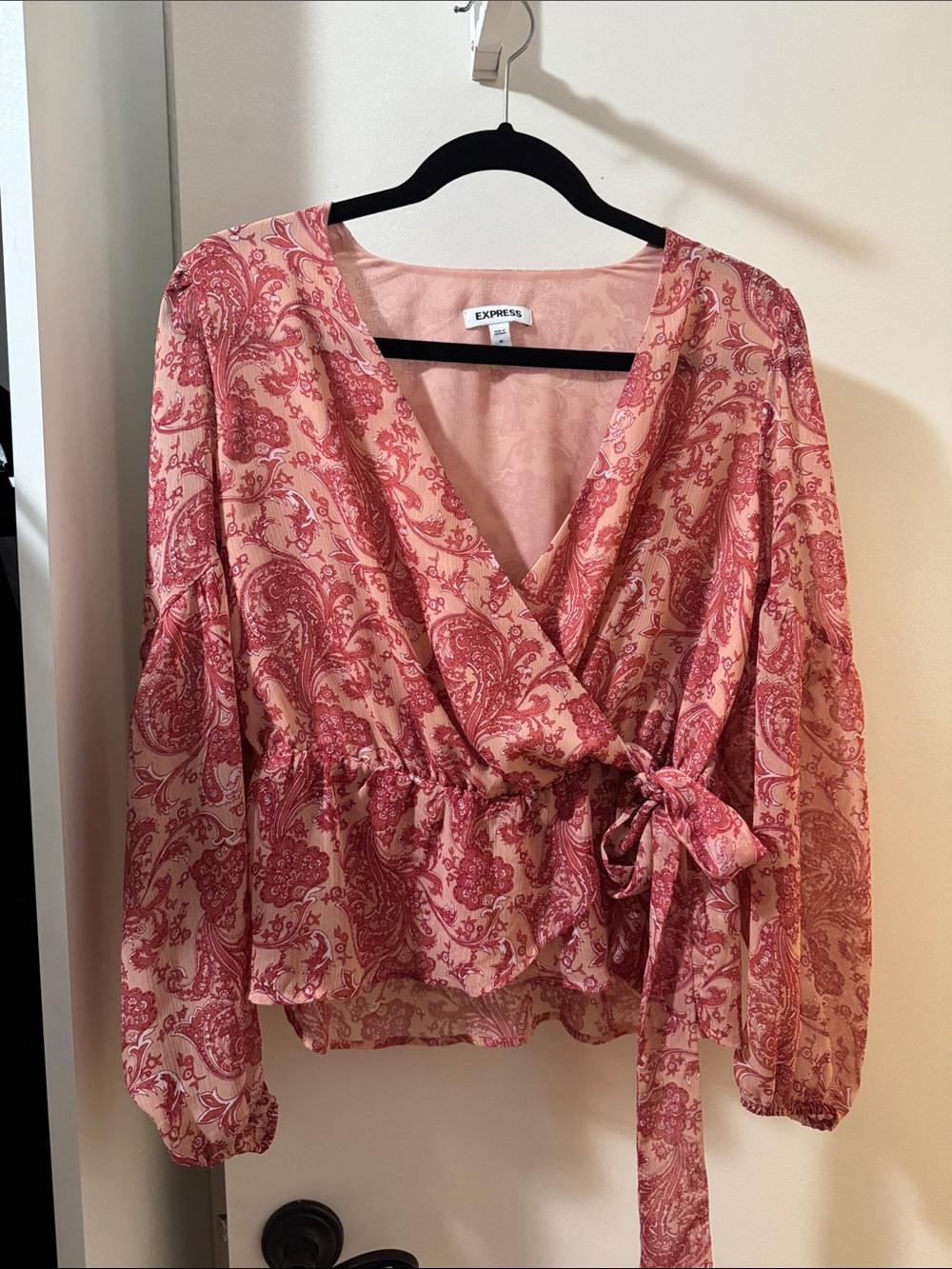 Express Rose-Pink Paisley Tie-Waist Wrap Blouse